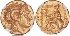 Ancients Greek THRACIAN KINGDOM. Lysimachus (305-281 BC). AV stater (18mm, 8.50 gm, 11h). NGC MS S 5/5 - 4/5, Fine Style. Lifetime issue of uncertain mint. Diademed head of deified Alexander III right