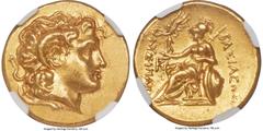 Ancients Greek THRACIAN KINGDOM. Lysimachus (305-281 BC). AV stater (20mm, 8.49 gm, 5h). NGC Choice AU 4/5 - 4/5. Posthumous issue of uncertain mint, mid-3rd to late 2nd century BC. Diademed head deif