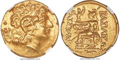 Ancients Greek PONTIC KINGDOM. Mithradates VI Eupator (120-63 BC). AV stater (20mm, 8.27 gm, 12h). NGC Choice AU 5/5 - 5/5. Late posthumous issue in name and types of Lysimachus of Thrace, Tomis, peri