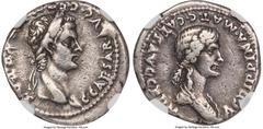 Ancients Roman Imperial Gaius 'Caligula' (AD 37-41), with Agrippina Senior. AR denarius (19mm, 3.71 gm, 9h). NGC VF 4/5 - 3/5, edge marks. Lugdunum, AD 37-38. C•CAESAR•AVG•GERM•P•M•TR•POT, laureate he