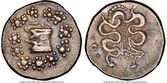 Ancients Greek MYSIA. Pergamum. Roman Rule (ca. 133-67 BC). AR cistophorus (25mm, 9h). NGC VF. Imitation of Pergamum cistophorus. Serpent arising from cista mystica; all within ivy wreath / Bow in bow