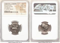 Ancients Greek CORINTHIA. Corinth. Ca. early-mid 4th century BC. AR stater (22mm, 8.03 gm, 12h). NGC Choice Fine 5/5 - 2/5, light smoothing. Ca. 405-345 BC. Pegasus with pointed wing flying right; Ϙ b