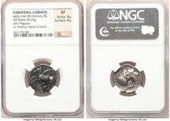 Ancients Greek CORINTHIA. Corinth. Ca. 400-380 BC. AR stater (21mm, 8.63 gm, 10h). NGC XF 4/5 - 4/5. Pegasus flying left; below Ϙ / Head of Athena right, wearing Corinthian helmet pushed back on head,