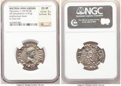 Ancients Greek INDO-GREEK KINGDOMS. Bactria. Hermaeus Soter (ca. 105-90 BC). AR tetradrachm (26mm, 9.47 gm, 11h). NGC Choice XF 5/5 - 4/5. Posthumous issue struck by Indo-Scythians near Kabul, ca. 80-