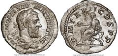 Ancients Roman Imperial Macrinus (AD 217-218). AR denarius (20mm, 5h). NGC AU. Rome, Decemeber AD 217. IMP C M OPEL SEV-MACRINVS AVG, laureate, draped and cuirassed bust of Macrinus right, with older 
