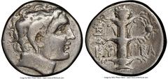 Ancients Greek CYRENAICA. Cyrene. Ca. 308-277 BC. AR didrachm (20mm, 7.60 gm, 12h). NGC Choice Fine 5/5 - 3/5. Magas as Ptolemaic governor, ca. 300-282/75 BC. Bare head of Apollo-Carneius left, with h
