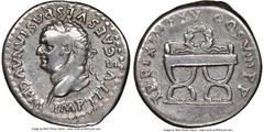Ancients Roman Imperial Titus (AD 79-81). AR denarius (18mm, 6h). NGC Choice Fine. Rome. AD 80. IMP TITVS CAES VESPASIAN AVG P M, laureate head of Titus left / TR P IX IMP XV COS VIII P P, curule chai