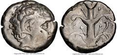 Ancients Greek CYRENAICA. Cyrene. Ca. 308-277 BC. AR didrachm (20mm, 7.60 gm, 1h). NGC VF 2/5 - 3/5. Magas as Ptolemaic governor, ca. 300-282/75 BC. Bare head of Apollo-Carneius right, with horn of Am