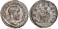 Ancients Roman Imperial Pupienus (April-June AD 238). AR denarius (20mm, 2.86 gm, 5h). NGC AU 4/5 - 4/5. Rome. IMP C M CLOD PVPIENVS AVG, laureate, draped and cuirassed bust of Pupienus right, seen fr