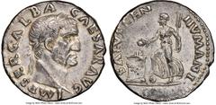 Ancients Roman Imperial Galba (July AD 68-January AD 69). AR denarius (17mm, 3.46 gm, 5h). NGC Choice XF S 5/5 - 5/5, Fine Style. Rome. IMP SER GALBA-CAESAR AVG, laureate head of Galba right / SALVS G