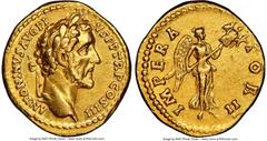 Ancients Roman Imperial Antoninus Pius (AD 138-161). AV aureus (20mm, 7.16 gm, 6h). NGC XF 5/5 - 3/5, edge marks. Rome, AD 143-144. ANTONINVS AVG PI-VS P P TR P COS III, laureate head of Antoninus Piu