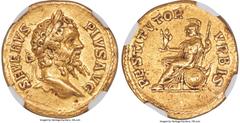 Ancients Roman Imperial Septimius Severus (AD 193-211). AV aureus (20mm, 7.17 gm, 1h). NGC XF 5/5 - 2/5. Rome, AD 202-210. SEVERVS-PIVS AVG, laureate head of Septimius Severus right / RESTITVTOR-VRBIS