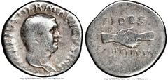 Ancients Roman Imperial Vitellius (late April-December AD 69). AR denarius (20mm, 1h). NGC VG. Spain. A VITELLIVS-IMP GERMAN, laureate head of Vitellius right; globe at point of bust / FIDES / EXERCIT