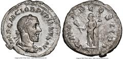 Ancients Roman Imperial Pupienus (April-July AD 238). AR denarius (20mm, 3.02 gm, 11h). NGC AU 4/5 - 3/5. Rome. IMP C M CLOD PVPIENVS AVG, laureate, draped and cuirassed bust of Pupienus right, seen f