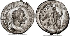 Ancients Roman Imperial Macrinus (AD 217-218). AR denarius (20mm, 6h). NGC AU. Rome, spring-summer AD 217. IMP C M OPEL SEV MACRINVS AVG, laureate, cuirassed bust of Macrinus right, seen from front, w