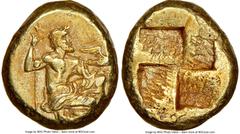 Ancients Greek MYSIA. Cyzicus. Ca. 450-350 BC. EL sixth-stater or hecte (11mm, 2.65 gm). NGC AU 4/5 - 3/5, Fine Style, scuffs. Zeus, draped, kneeling right, scepter in right hand, eagle preparing to t