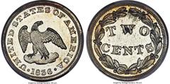 Patterns 1836 P2C Two Cents, Judd-52, Pollock-55, Low R.6 PR64 PCGS. Ex: Simpson. An early, small diameter two cent pattern with a spread-winged eagle on the obverse and date below. The reverse featur