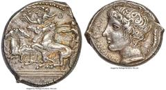 Ancients Greek SICILY. Catana. Ca. 415-403/2 BC. AR tetradrachm (27mm, 17.25 gm, 2h). NGC AU S 5/5 - 5/5, Fine Style. Ca. 410 BC. Obverse die signed by Heracleidas. Charioteer driving unruly galloping