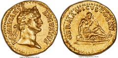 Ancients Roman Imperial Domitian (AD 81-96). AV aureus (20mm, 7.68 gm, 8h). NGC XF 5/5 - 2/5, ex-jewelry, brushed. Rome, AD 90-91. DOMITIANVS-AVGVSTVS, laureate head of Domitian right / GERMANICVS COS