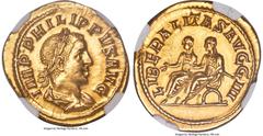 Ancients Roman Imperial Philip II, as Augustus (AD 247-249). AV aureus (20mm, 4.70 gm, 1h). NGC Choice AU 5/5 - 2/5, brushed, edge scuffs. Rome, AD 247-249. IMP•PHILIPPVS AVG, laureate, draped and cui