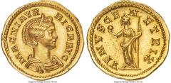 Ancients Roman Imperial Magnia Urbica (AD 283-285). AV aureus (19mm, 4.20 gm, 6h). Choice AU, light reengraving. Lugdunum, AD 284. MAGNIA VR-BICA AVG, draped bust of Magnia Urbica right on crescent, s