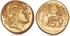 Ancients Greek THRACIAN KINGDOM. Lysimachus (305-281 BC). AV stater (19mm, 8.49 gm, 1h). NGC Choice AU 4/5 - 4/5, Fine Style, die shift. Early posthumous issue of uncertain mint. Diademed head deified