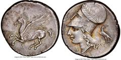 Ancients Greek CORINTHIA. Corinth. 4th century BC. AR stater (22mm, 8.57 gm, 9h). NGC Choice XF 5/5 - 4/5. Ca. 345-307 BC. Pegasus with pointed wing flying left; Ϙ below / Head of Athena left, wearing
