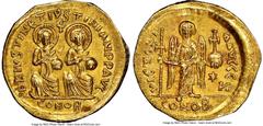 Ancients Byzantine Justin I and Justinian I (4 April-1 August AD 527). AV solidus (21mm, 4.36 gm, 7h). NGC Choice AU 5/5 - 3/5, scratches, clipped. Constantinople, 7th officina. D N IVSTIN ЄT IVSTINIA