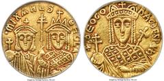 Ancients Byzantine Michael III the Drunkard (AD 842-867), with Theodora and Thecla, AV solidus (20mm, 4.31 gm, 6h). ANACS XF 40, mount removed, repaired. Constantinople, ca. AD 842-843. + ΘEOdO-RA C d
