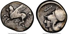 Ancients Greek CORINTHIA. Corinth. Ca. 4th century BC. AR stater (21mm, 10h). NGC Fine. Pegasus flying left, Ϙ below / Head of Athena left, wearing Corinthian helmet pushed back on head; club left abo