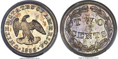 Patterns 1836 P2C Two Cents, Judd-52, Pollock-55, Low R.6, PR65 PCGS. CAC. Ex: Simpson. The obverse features a small eagle with outstretched wings standing on a cloud, with the peripheral legend UNITE