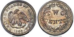 Patterns 1836 P2C Two Cents, Judd-53, Pollock-54, Low R.6, PR63 PCGS. Ex: Simpson. An early pattern for the two cent denomination, this coin features a small eagle perched on a cloud on the obverse, w