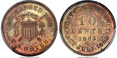 Patterns 1863 10C Ten Cents, Judd-326, Pollock-395, High R.7, PR64+ Red and Brown PCGS. Ex: Bass/ANA Museum Display-Simpson. The obverse bears a central shield with intersecting arrows behind and a ri
