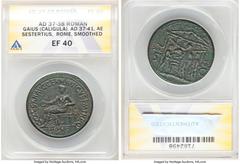 Ancients Roman Imperial Gaius 'Caligula' (AD 37-41). AE sestertius (34mm, 26.70 gm, 7h). ANACS XF40, smoothed. Rome, AD 37-38. C•CAESAR•AVG•GERMANICVS•P•M•TR•POT / PIETAS, Pietas seated left, patera i