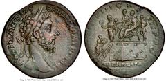 Ancients Roman Imperial Marcus Aurelius, as Augustus (AD 161-180). AE sestertius (31mm, 24.97 gm, 12h). NGC Choice XF 4/5 - 3/5, Fine Style. Rome, AD 176-177. M ANTONINVS AVG-GERM SARM TR P XXXI, laur