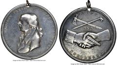 Indian Peace Medals Undated (1814) James Madison Peace Medal, Small Size, First Reverse, Julian IP-7, Silver, VF25 NGC. 51 mm. Holed at 12 o'clock with attached suspension loop. These dies are attribu