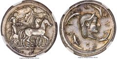 Ancients Greek SICILY. Syracuse. Deinomenid Tyranny (ca. 485-466 BC). AR tetradrachm (26mm, 17.28 gm, 11h). NGC AU S 5/5 - 4/5, Fine Style. Time of Gelon I, 485-480 BC. Charioteer driving quadriga wal
