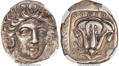 Ancients Greek CARIAN ISLANDS. Rhodes. Ca. 404-385 BC. AR tetradrachm (26mm, 15.15 gm, 1h). NGC AU 4/5 - 4/5. Head of Helios facing, turned slightly right, hair arrayed in radiating waves / POΔION, ro