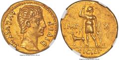 Ancients Roman Imperial Augustus (27 BC-AD 14). AV aureus (19mm, 7.82 gm, 3h). NGC Choice XF 5/5 - 3/5, marks. Lugdunum, ca. 15-13 BC. DIVI•F-AVGVSTVS, bare head of Augustus right; dotted border / IMP