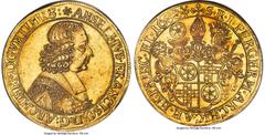 German States Mainz Mainz. Anselm Franz gold 5 Ducat (1/2 Portugalöser) 1682-MF MS63 NGC, Mainz mint, KM-A184 (this coin), Fr-1662, Würdtwein-Unl., Heiligenberger-Unl., von Schluthess-Rechberg Collect