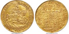 German States Saxony Saxony. Johann Georg I gold 18 Ducat 1627-HI UNC Details (Obverse Graffiti) NGC, Dresden mint, KM-Unl., cf. Fr-2689 (Very Rare; 16 Ducat), Merseburger-Unl., Dassdorf-Unl., Vogel C