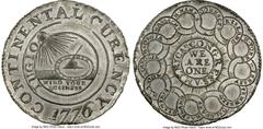 Colonials 1776 Continental Dollar, CURENCY, Pewter, Newman 1-B, Breen-1086, Hodder 1-A.2, W-8435, High R.7, MS63 NGC. The Newman 1-B variety of the 1776 Continental dollar in pewter is a rare issue th