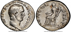 Ancients Roman Imperial Vitellius (July-December AD 69). AR denarius (19mm, 6h). NGC Choice Fine. Rome. A VITELLIVS GERMERMANICVS IMP, bare head of Vitellius right / CONCOR-DIA P R, Concordia seated l