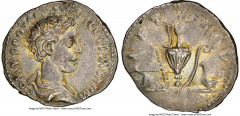 Ancients Roman Imperial Commodus, as Caesar (AD 177-192). AR denarius (19mm, 2.76 gm, 11h). NGC AU 4/5 - 4/5, flan flaw. COMMODO CAES AVG FIL GERM SARM, bare head and draped bust of Commodus right, se