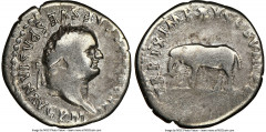 Ancients Roman Imperial Titus (AD 79-81). AR denarius (17mm, 6h). NGC Fine. Rome, January-June AD 80. IMP TITVS CAES VESPASIAN AVG P M, laureate head of Titus right / TR P IX IMP XV COS VIII P P, elep
