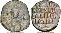 Ancients Byzantine Anonymous. Class A2. Time of Basil II and Constantine VIII (AD 1020-1028). AE follis (28mm, 6h). NGC Choice XF. Constantinople. +EMMA-NOVHΛ, bust of Christ Pantokrator facing, weari