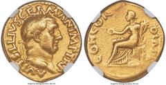 Ancients Roman Imperial Vitellius (16 April-22 December AD 69). AV aureus (19mm, 6.69 gm, 6h). NGC VF 5/5 - 2/5. Rome. A VITELLIVS GERMAN IMP TR P, laureate head of Vitellius right / CONCOR-DIA P R, C
