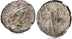 Ancients Roman Republic Julius Caesar, as Dictator (49-44 BC). AR denarius (18mm, 3.88 gm, 9h). NGC Choice XF 4/5 - 3/5, bankers mark. Rome, February-March 44 BC, L. Aemilius Buca, moneyer. DICT•PERPE