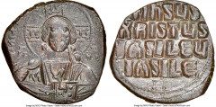 Ancients Byzantine Anonymous. Class A2. Time of Basil II and Constantine VIII (AD 976-1035). AE follis (27mm, 6h). NGC AU. Constantinople. +EMMA-NOVHΛ, bust of Christ facing, wearing nimbus cruciger w