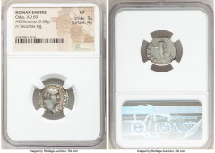 Ancients Roman Imperial Otho (January-April AD 69). AR denarius (17mm, 3.38 gm, 6h). NGC VF 3/5 - 4/5. Rome. IMP M OTHO CAESAR AVG TR P, bare, bewigged head of Otho right / SECVRI-TAS P R, Securitas, 